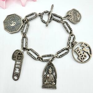 Asian Good Luck Fortune Charm Bracelet Silver Tone Bali Style Chinese Character
